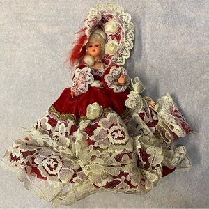 Vintage Bruxelles Victorian Doll Blinking Eye Lace Parasol Velvet Gown